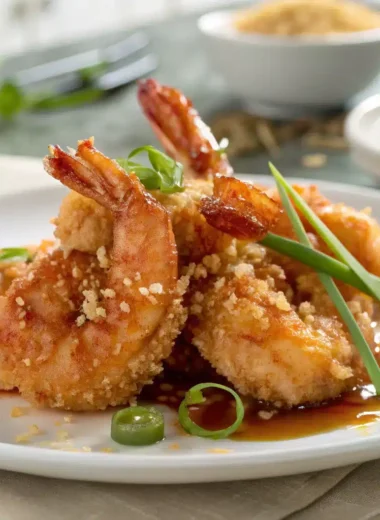 A freshly prepared crispy honey-glazed shrimp recipe with vibrant golden-brown shrimp glazed in a shiny honey sauce, served on a white plate with green onions