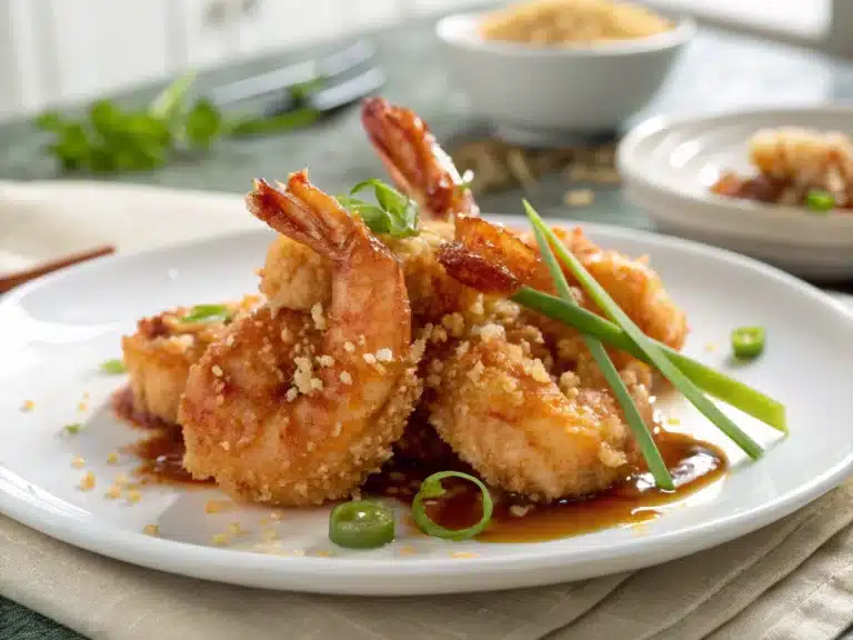 A freshly prepared crispy honey-glazed shrimp recipe with vibrant golden-brown shrimp glazed in a shiny honey sauce, served on a white plate with green onions