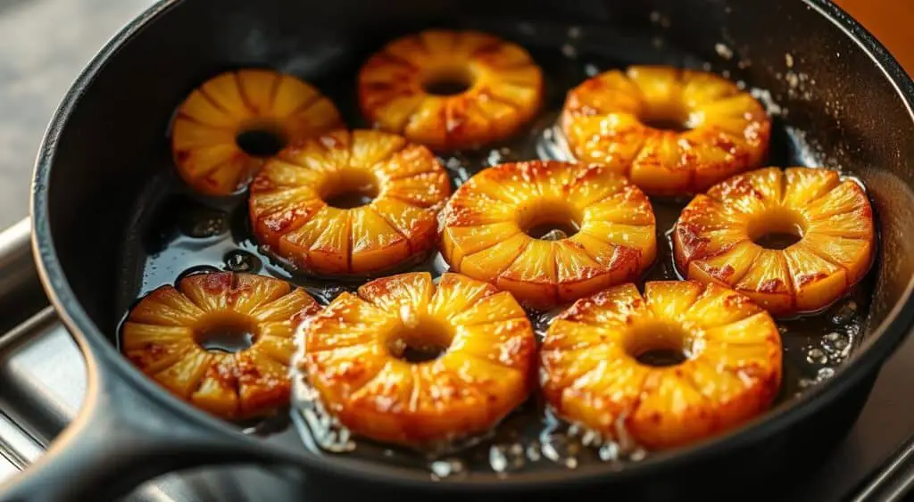 Sizzling pineapple fritters frying in a cast-iron skillet, golden-brown and glistening with hot oil. Slices of fresh, juicy pineapple coated in a light, crispy batter, swirling in the pan under warm, even lighting. The fritters are arranged in a visually appealing, artful composition, ready to be plucked from the skillet and served immediately. The scene conveys the enticing aroma and texture of this tropical treat, inspiring the viewer to imagine the sweet, caramelized flavors. A close-up perspective showcases the intricate details, while the simple, uncluttered background allows the fritters to be the focal point.