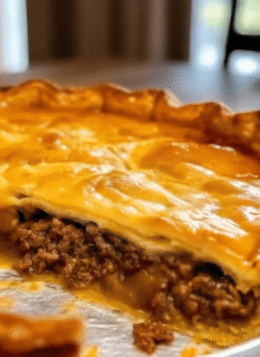 A freshly prepared Pillsbury Crescent Roll Taco Bake recipe with golden crescent dough and melted cheddar, served on a white plate