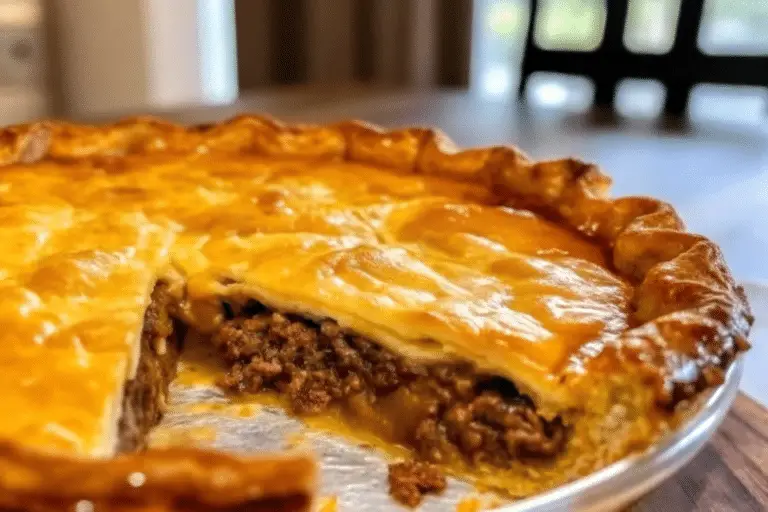 A freshly prepared Pillsbury Crescent Roll Taco Bake recipe with golden crescent dough and melted cheddar, served on a white plate