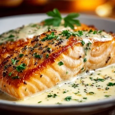 Delicious Baked Boursin Salmon topped with creamy cheese and herbs