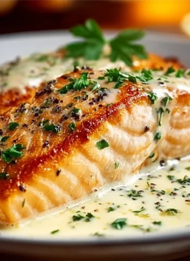 Delicious Baked Boursin Salmon topped with creamy cheese and herbs