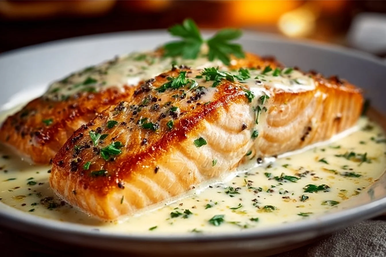 Delicious Baked Boursin Salmon topped with creamy cheese and herbs