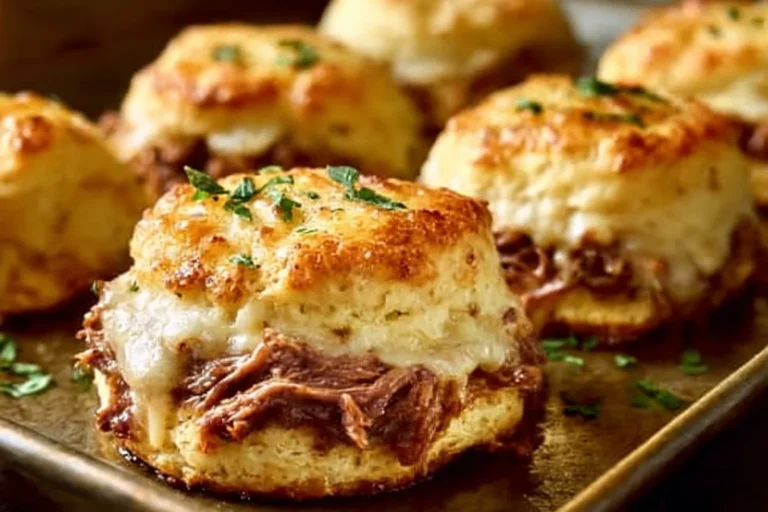 Baked French Dip Biscuits served with au jus for dipping