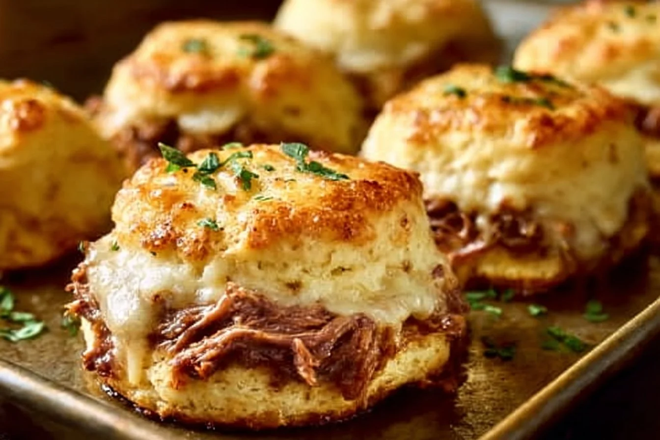 Baked French Dip Biscuits served with au jus for dipping