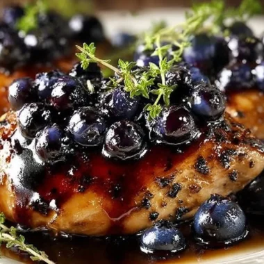 Plate of best-ever blueberry thyme chicken garnished with herbs