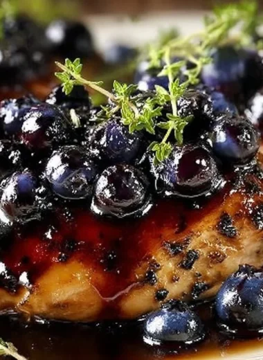 Plate of best-ever blueberry thyme chicken garnished with herbs