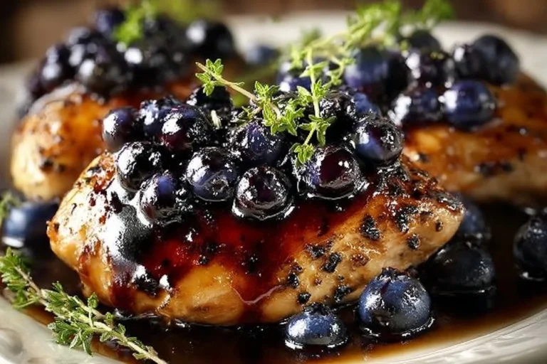 Plate of best-ever blueberry thyme chicken garnished with herbs