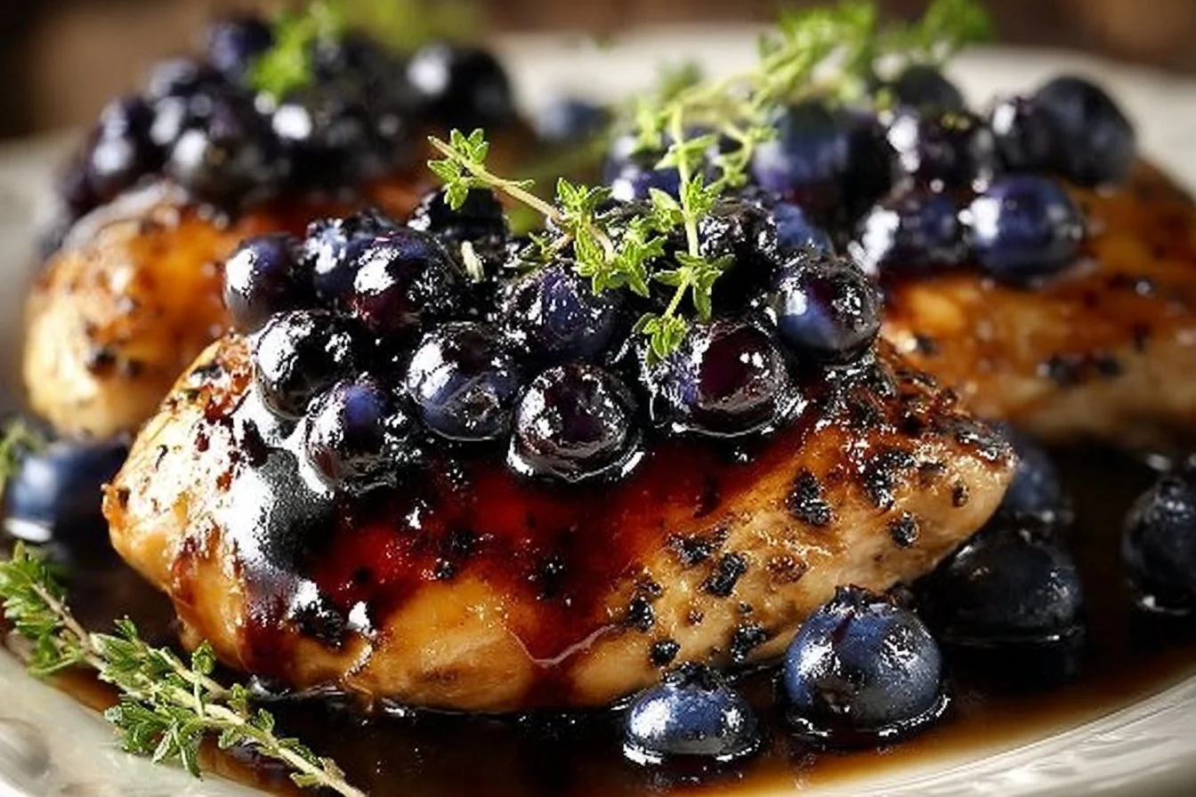 Plate of best-ever blueberry thyme chicken garnished with herbs