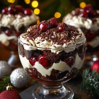 Delicious Black Forest Trifle layered with chocolate, cherries, and whipped cream for Christmas.