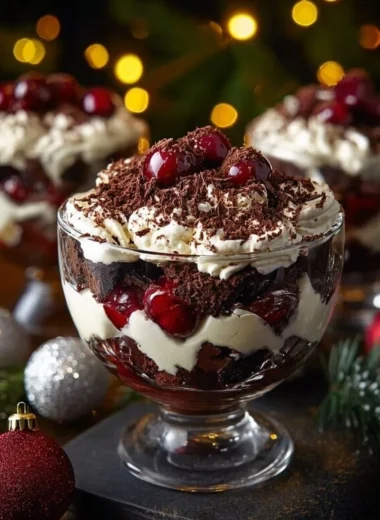 Delicious Black Forest Trifle layered with chocolate, cherries, and whipped cream for Christmas.