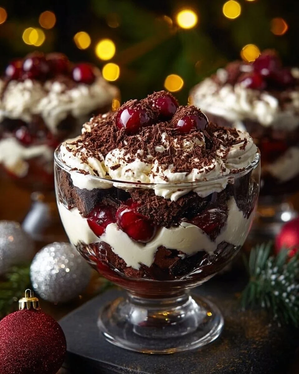 Delicious Black Forest Trifle layered with chocolate, cherries, and whipped cream for Christmas.