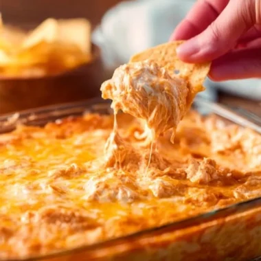 Cheesy creamy buffalo chicken dip served in a bowl with dipping chips