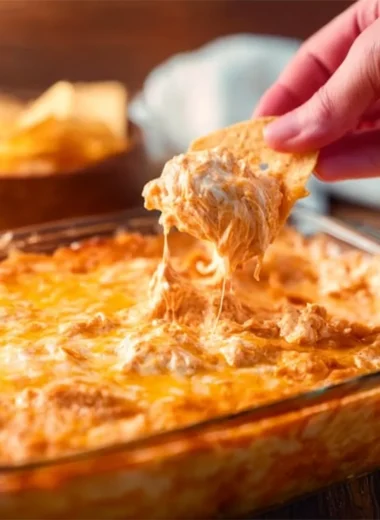 Cheesy creamy buffalo chicken dip served in a bowl with dipping chips