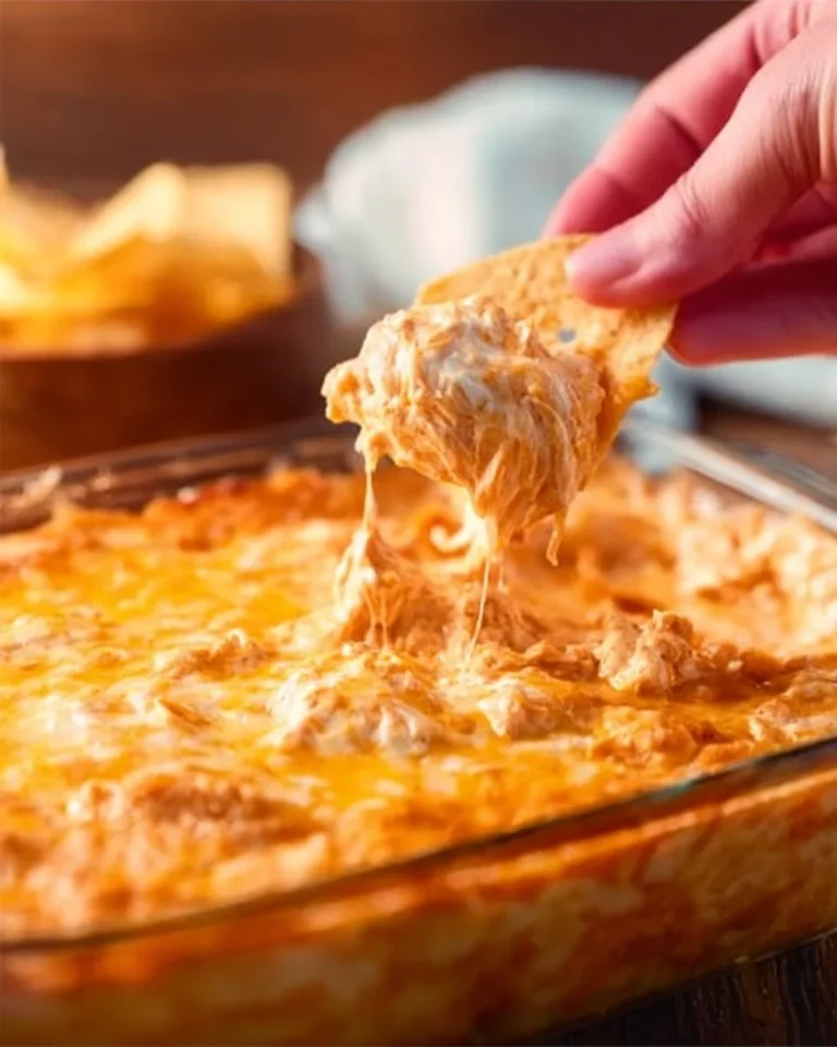 Cheesy creamy buffalo chicken dip served in a bowl with dipping chips