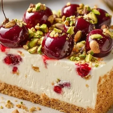 Cherry Pistachio Cheesecake dessert topped with cherries and pistachios