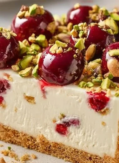 Cherry Pistachio Cheesecake dessert topped with cherries and pistachios
