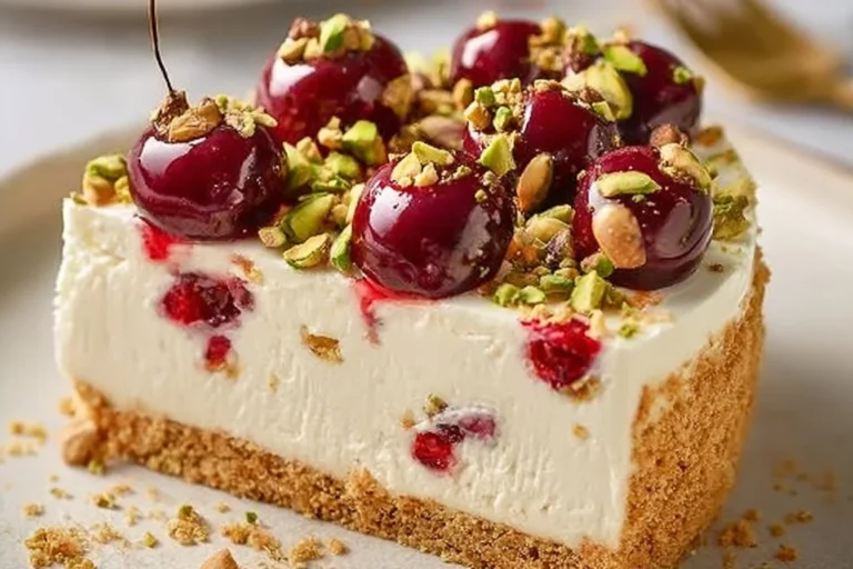 Cherry Pistachio Cheesecake dessert topped with cherries and pistachios