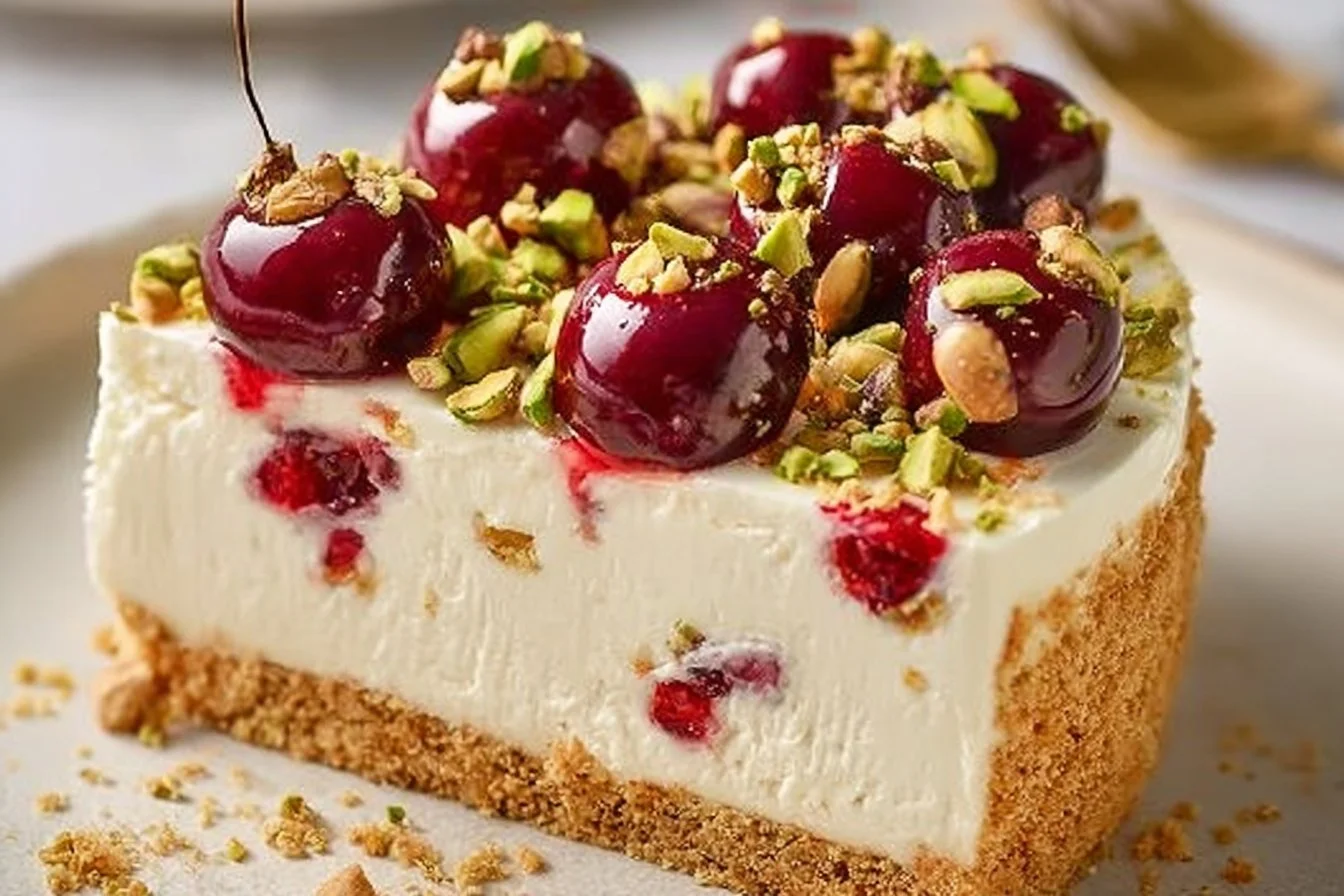 Cherry Pistachio Cheesecake dessert topped with cherries and pistachios