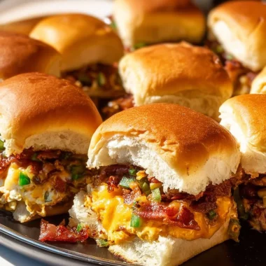 Plate of Cowboy Sliders with toppings served on a rustic wooden table