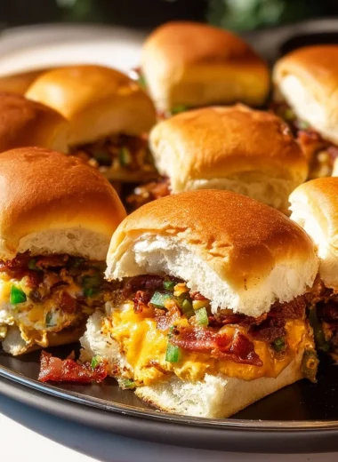 Plate of Cowboy Sliders with toppings served on a rustic wooden table
