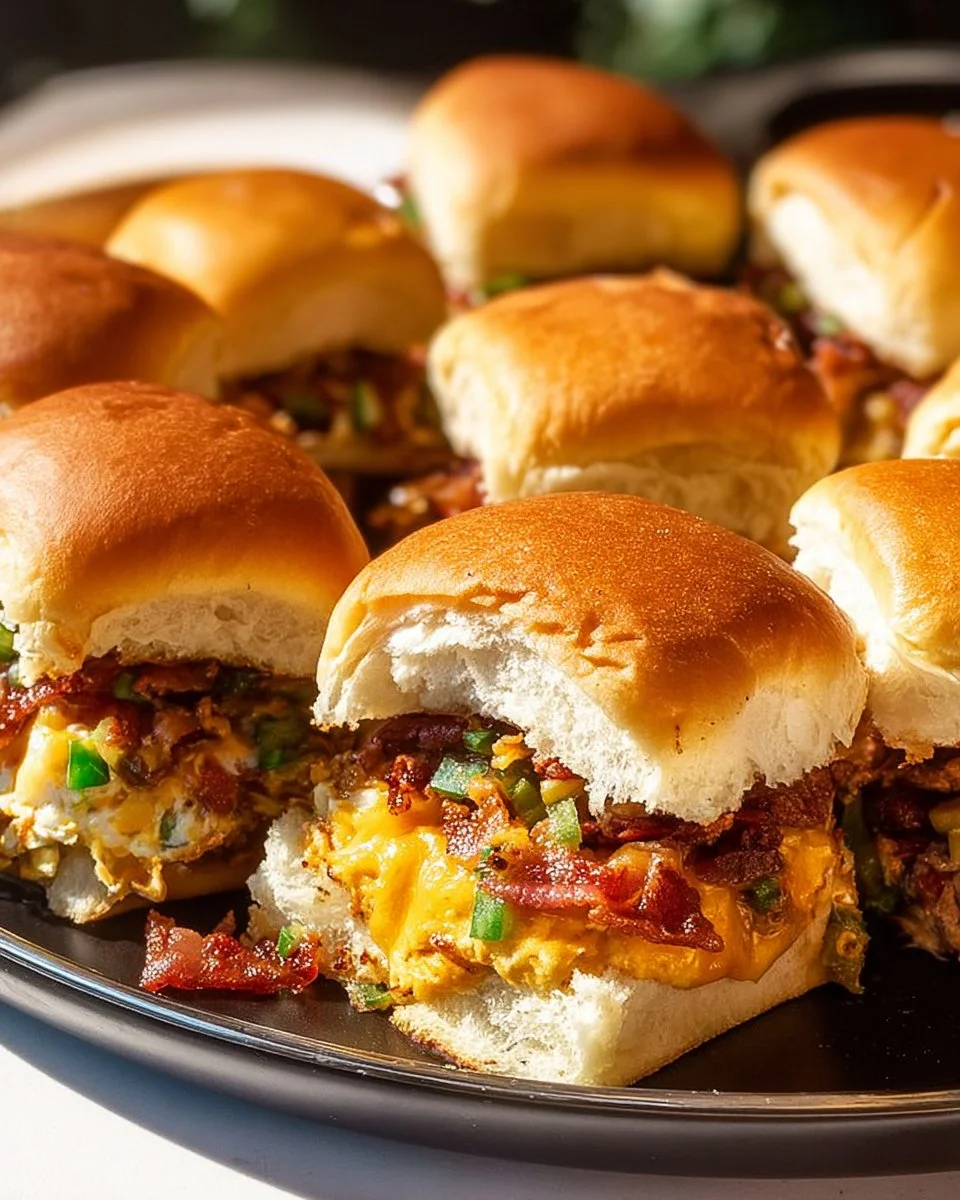 Plate of Cowboy Sliders with toppings served on a rustic wooden table