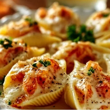 Delicious creamy seafood stuffed shells filled with shrimp and crab meat.
