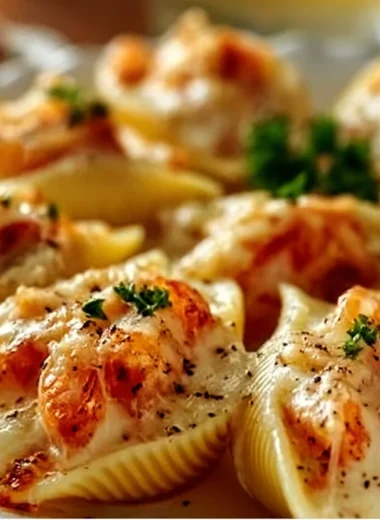 Delicious creamy seafood stuffed shells filled with shrimp and crab meat.