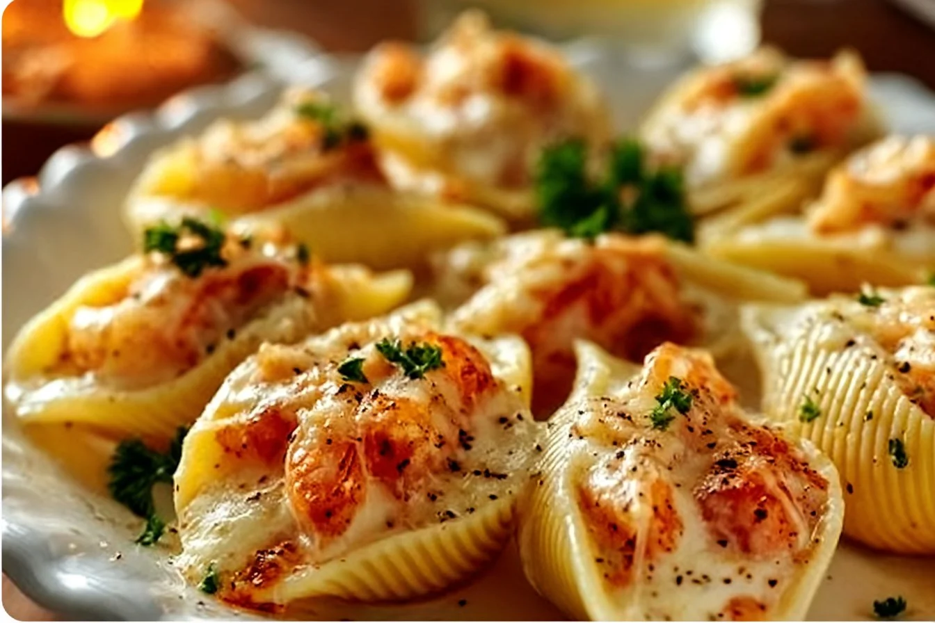 Delicious creamy seafood stuffed shells filled with shrimp and crab meat.