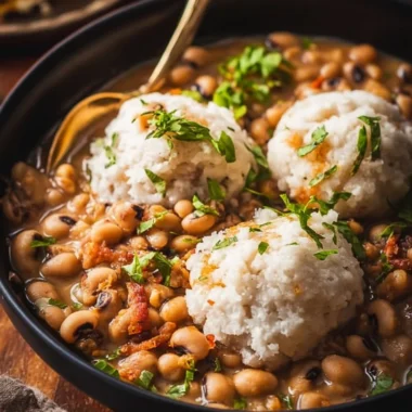 Creamy Southern black-eyed peas dish served in a bowl with herbs