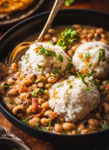 Creamy Southern black-eyed peas dish served in a bowl with herbs