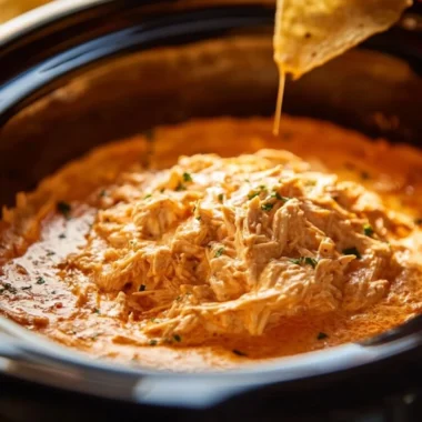 Crockpot Buffalo Chicken Dip garnished and served in a bowl
