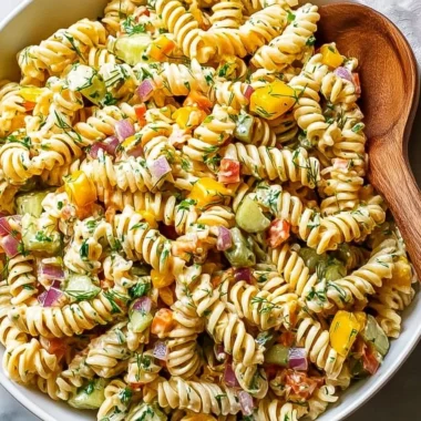 Bowl of Dill Pickle Pasta Salad garnished with fresh dill and pickles.