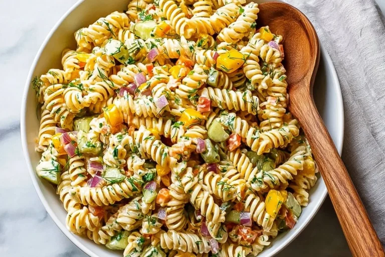 Bowl of Dill Pickle Pasta Salad garnished with fresh dill and pickles.