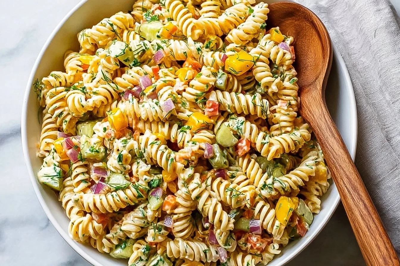 Bowl of Dill Pickle Pasta Salad garnished with fresh dill and pickles.