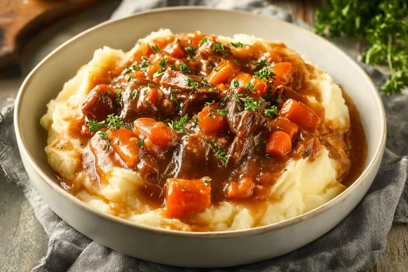 Warm apple cider stew mash, a delightful fall comfort food dish