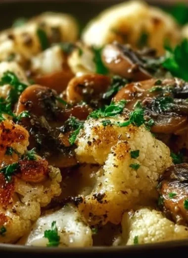 Garlic Cauliflower Mushroom Skillet dish cooked in a pan.