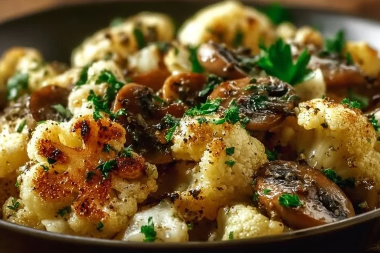 Garlic Cauliflower Mushroom Skillet dish cooked in a pan.
