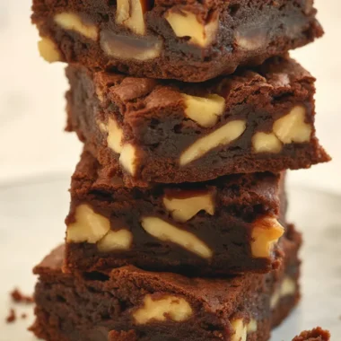 Delicious homemade brownies with crispy edges and fudgy centers, topped with chocolate.