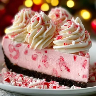 Delicious no-bake peppermint cheesecake topped with whipped cream and mint