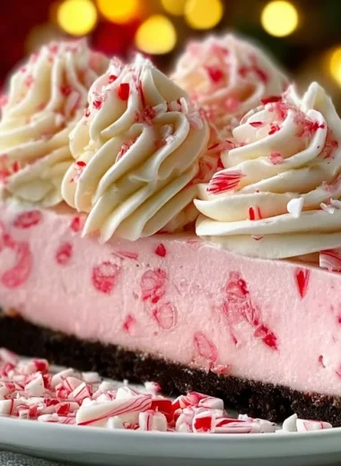 Delicious no-bake peppermint cheesecake topped with whipped cream and mint