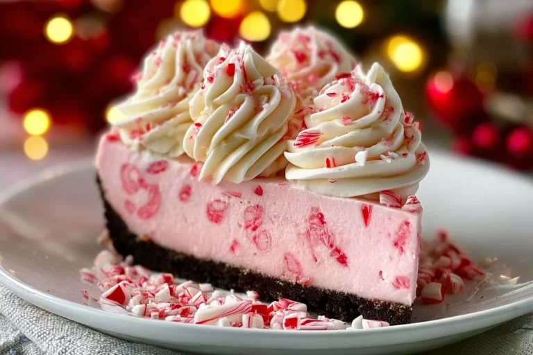 Delicious no-bake peppermint cheesecake topped with whipped cream and mint