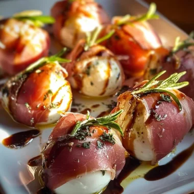 Prosciutto wrapped mozzarella bites ready to serve as delicious appetizers