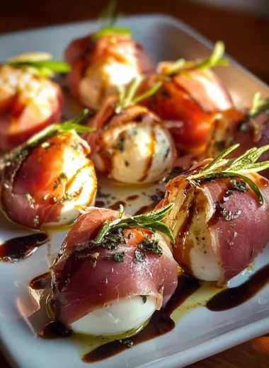 Prosciutto wrapped mozzarella bites ready to serve as delicious appetizers