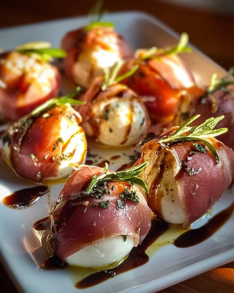 Prosciutto wrapped mozzarella bites ready to serve as delicious appetizers
