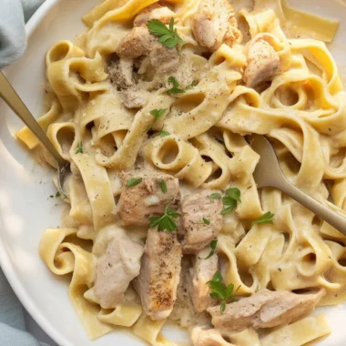Creamy Chicken Alfredo Pasta with golden chicken and fettuccine noodles in a rich sauce.