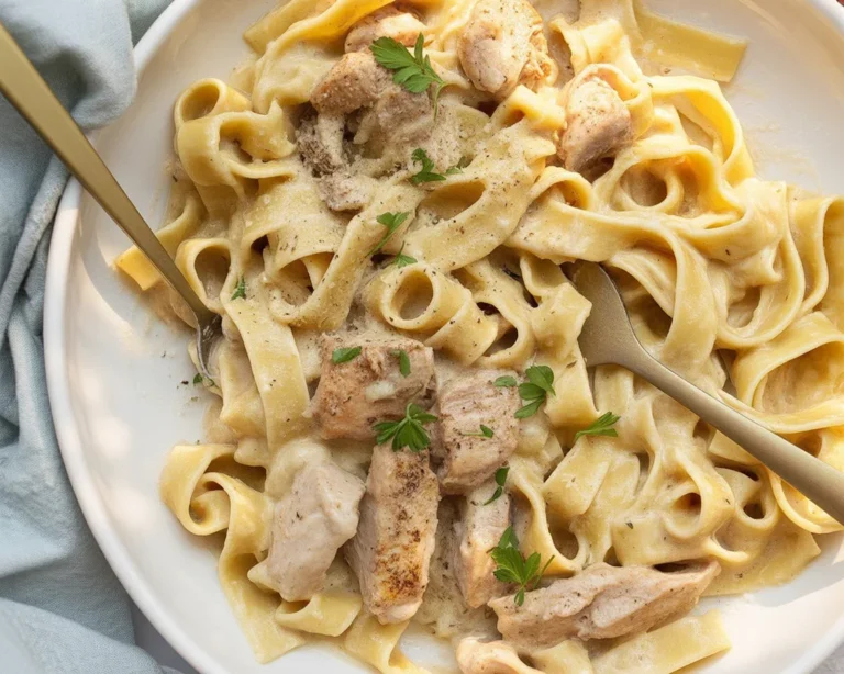Creamy Chicken Alfredo Pasta with golden chicken and fettuccine noodles in a rich sauce.