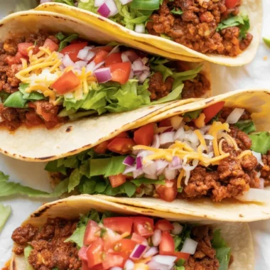 Delicious Beef Tacos with seasoned ground beef and crispy shells ready to be served.