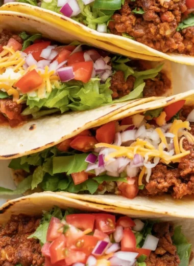 Delicious Beef Tacos with seasoned ground beef and crispy shells ready to be served.